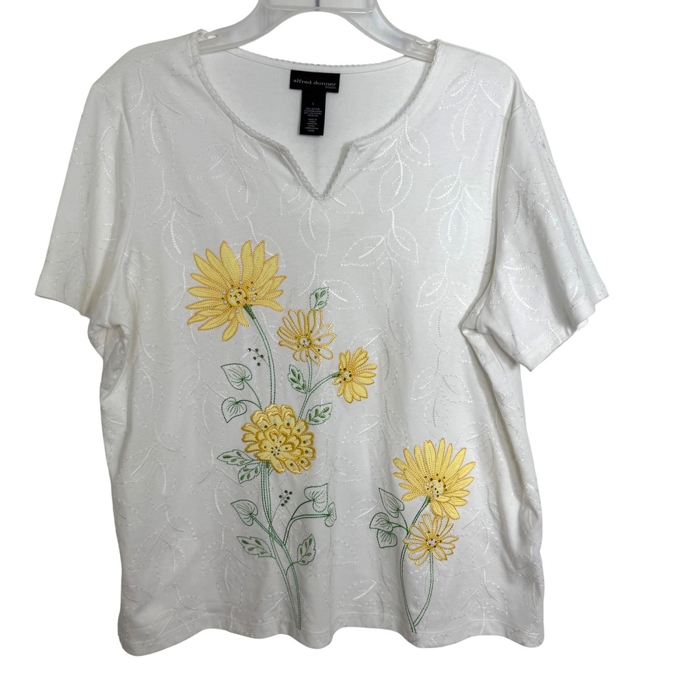 Alfred Dunner Sunflower Embroidered Top Large White Cottagecore‎ Floral Tee